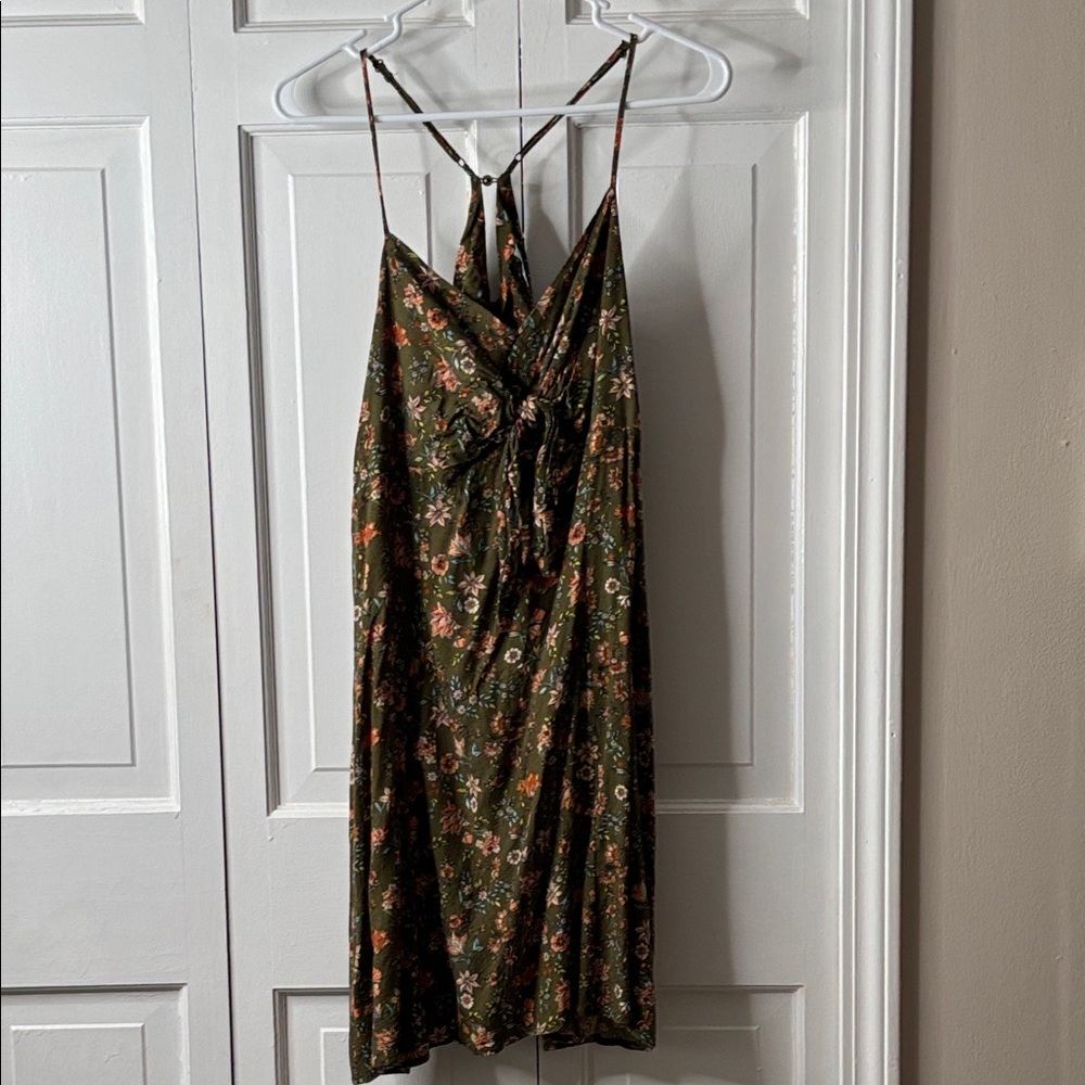 Xhilaration Olive Green Floral Tie-Front Midi Dress